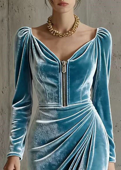 Italian Blue Zip Up Wrinkled Silk Velvet Holiday Dress Spring - Image 2