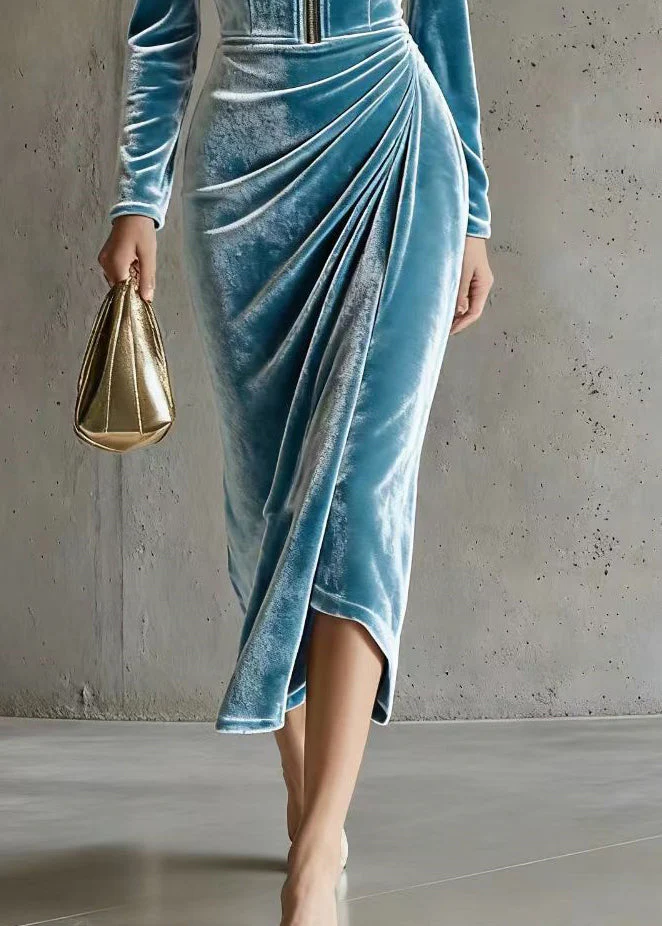 Italian Blue Zip Up Wrinkled Silk Velvet Holiday Dress Spring - Image 4