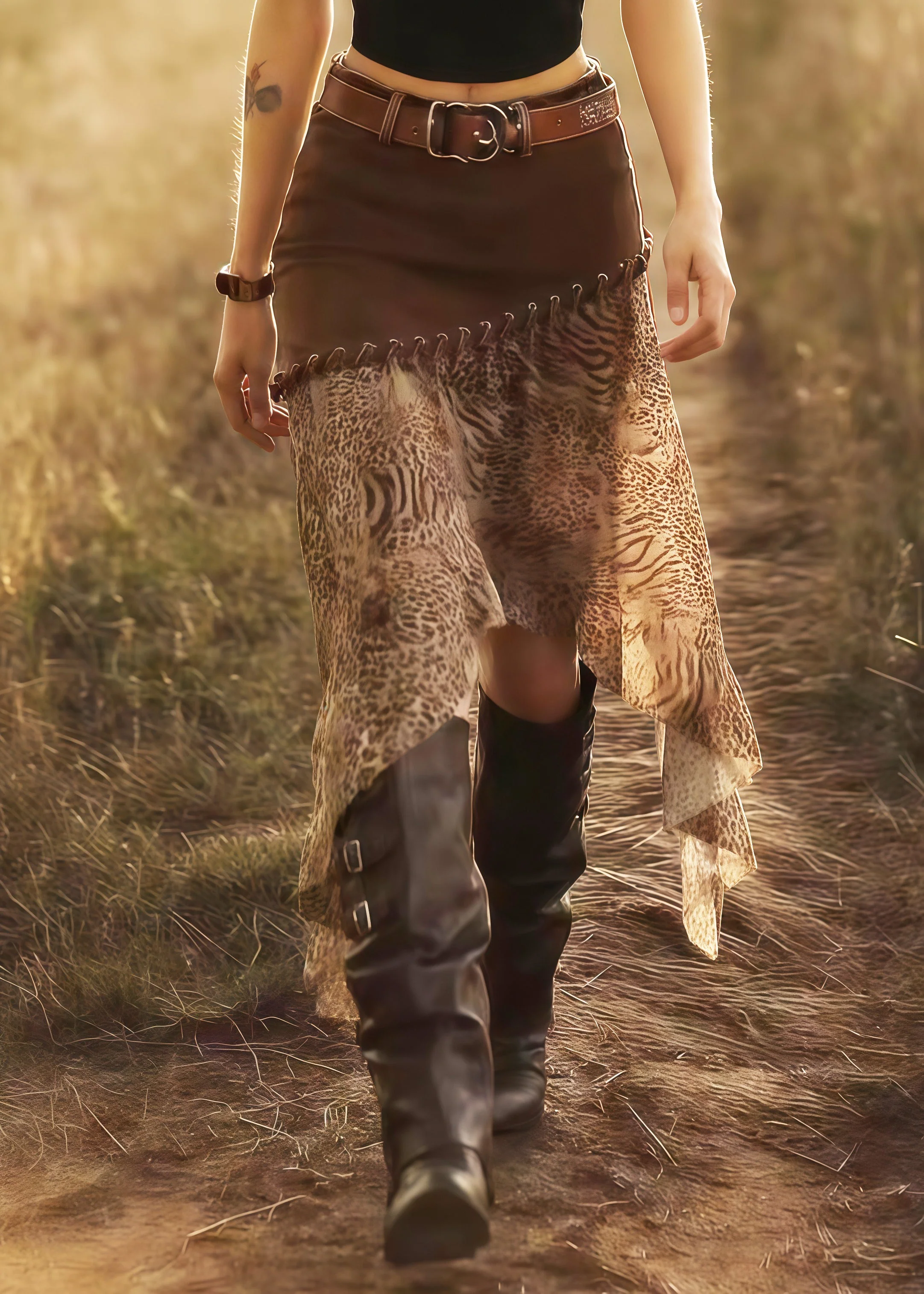 Italian Brown Leopard Asymmetrical Patchwork Chiffon Skirt Summer - Image 5