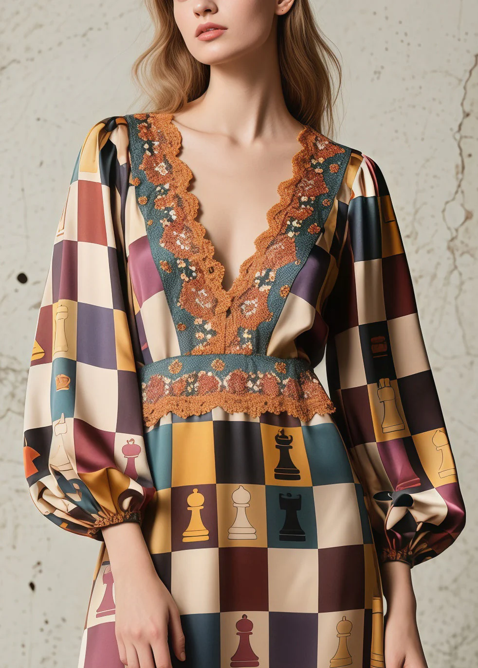 Italian Brown Print Lace Patchwork Silk Long Dresses Spring - Image 2