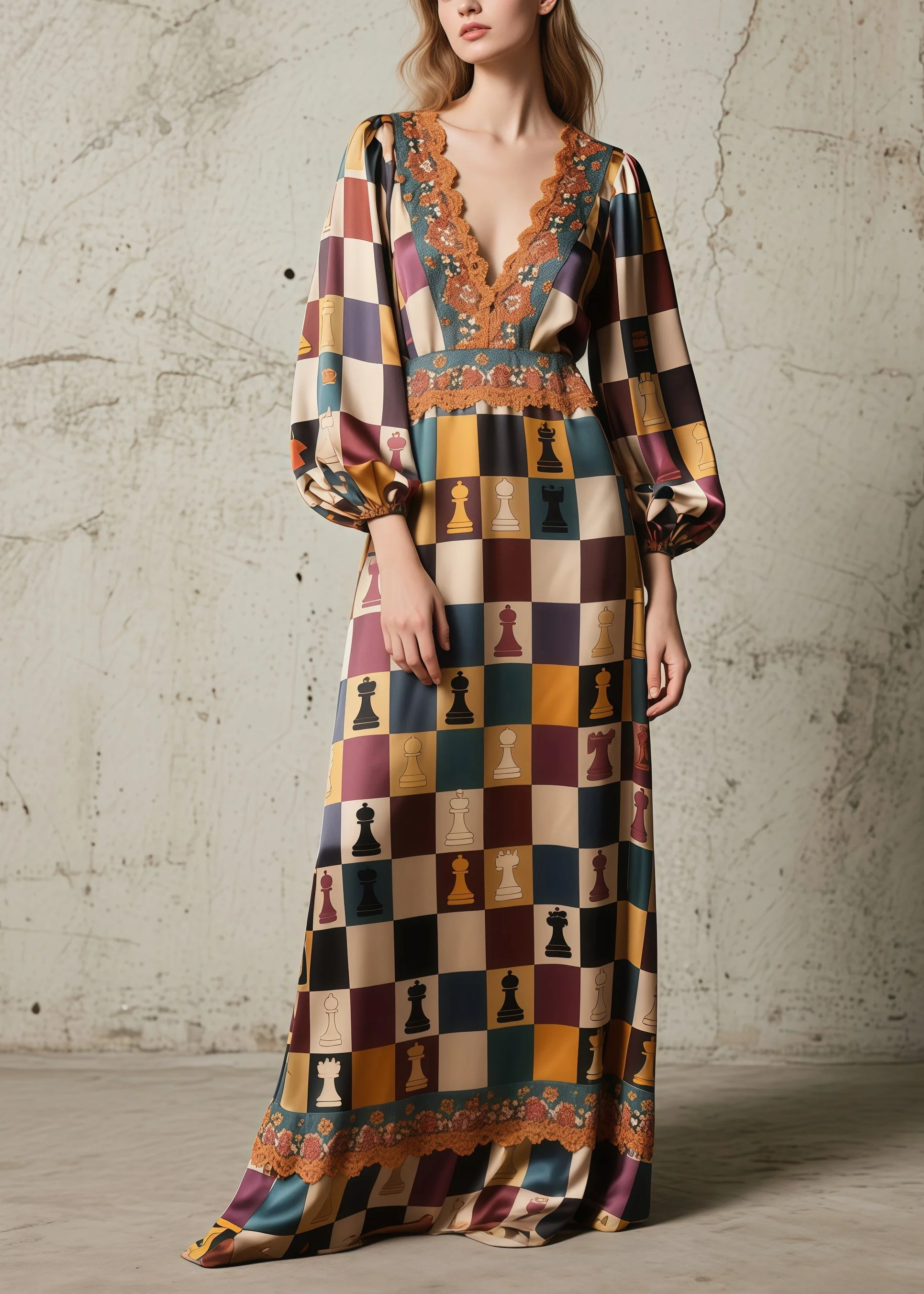 Italian Brown Print Lace Patchwork Silk Long Dresses Spring - Image 5