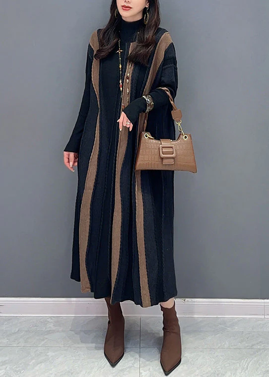 Italian Brown Striped Patchwork Knit Long Dresses Fall - Image 2