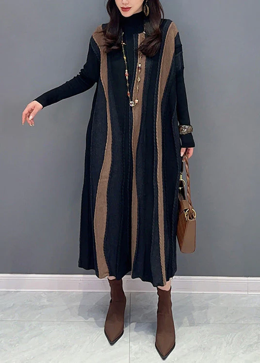 Italian Brown Striped Patchwork Knit Long Dresses Fall - Image 3
