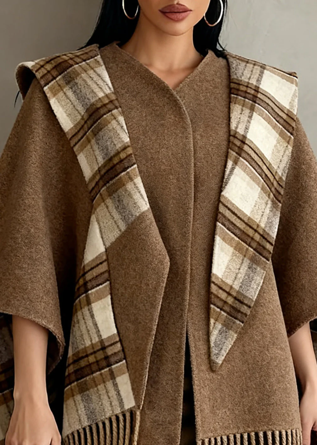 Italian Brown Tasseled Plaid Wear On Both Sides Woolen Cape Coats Spring - Image 2