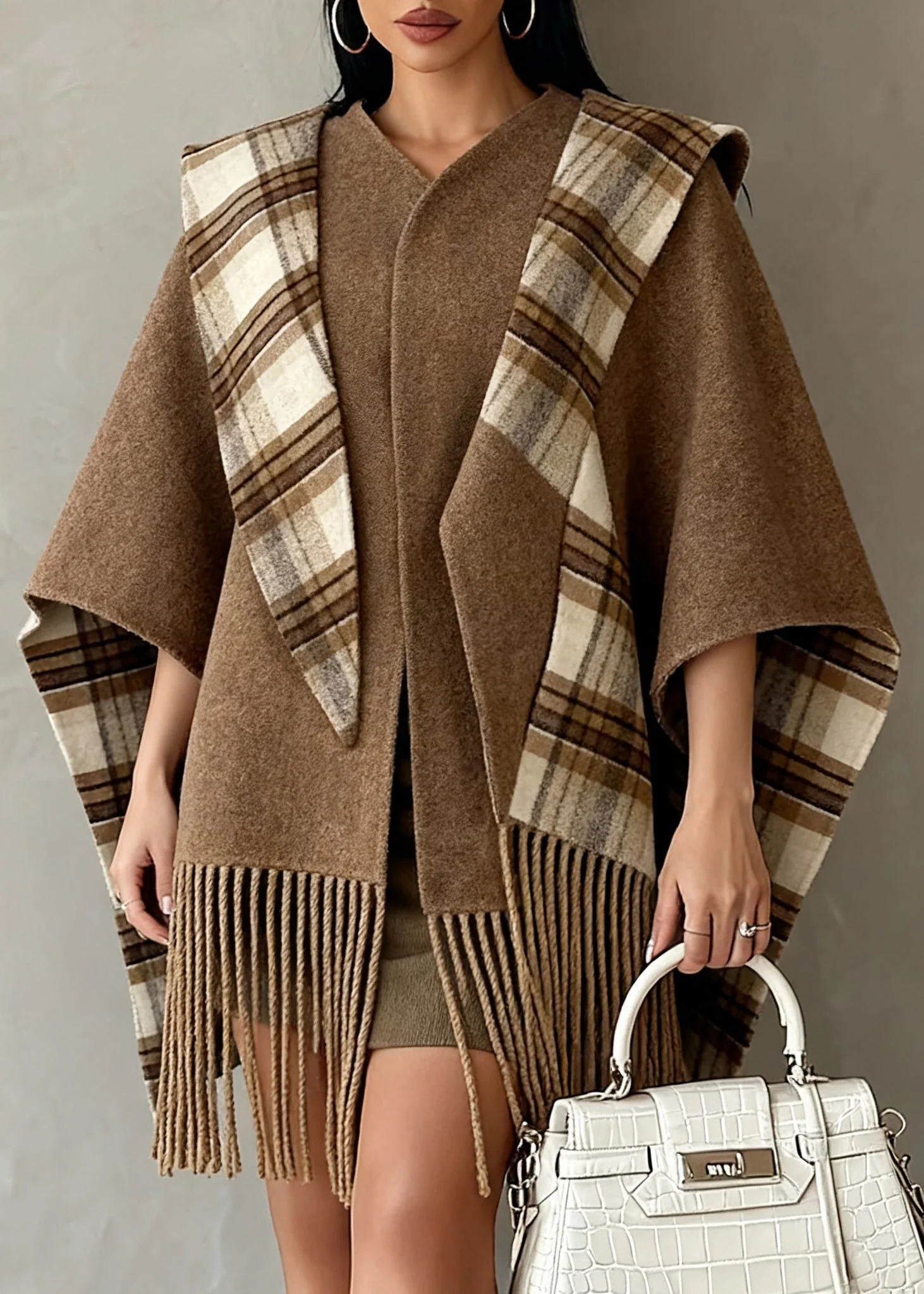Italian Brown Tasseled Plaid Wear On Both Sides Woolen Cape Coats Spring - Image 3