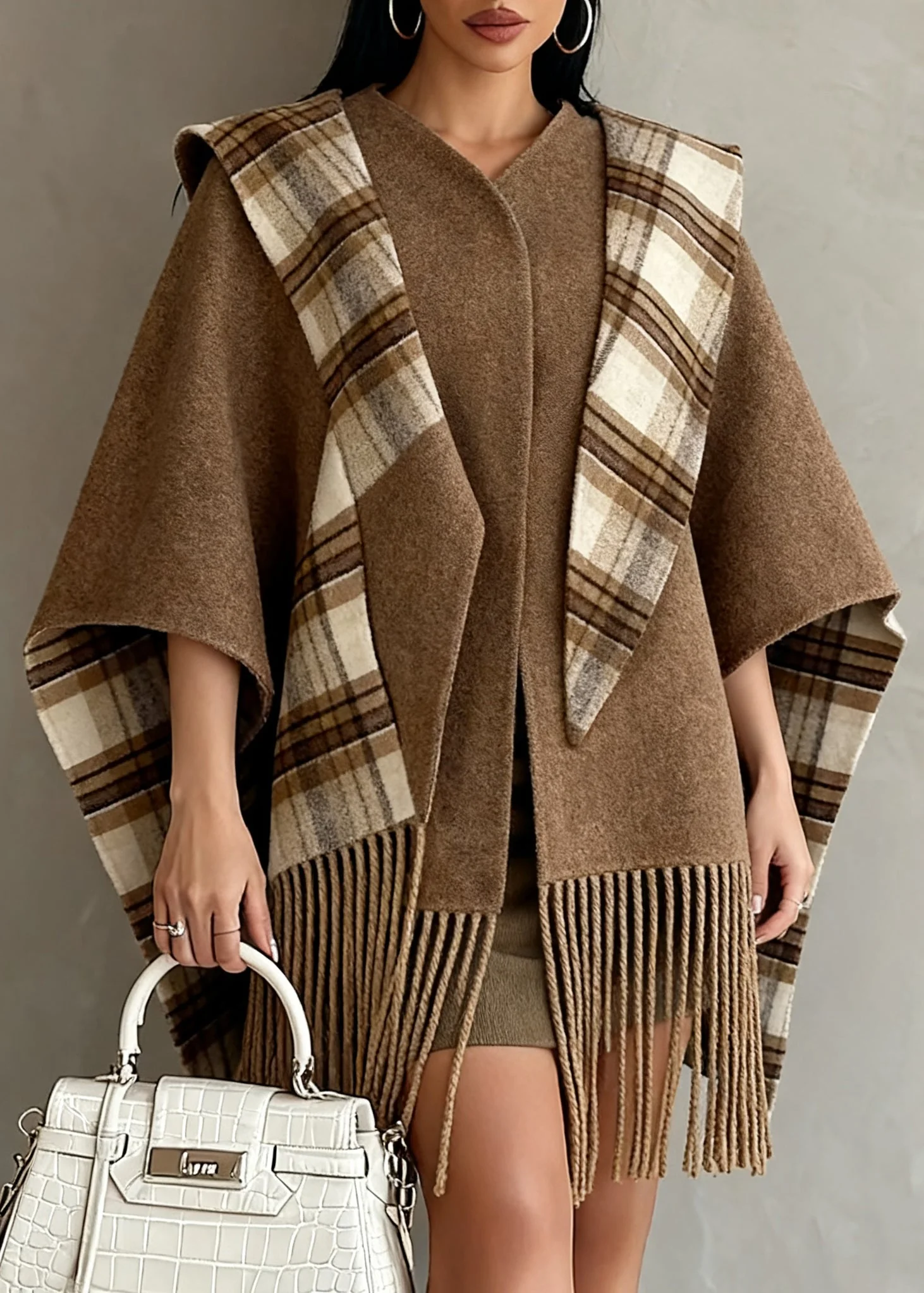 Italian Brown Tasseled Plaid Wear On Both Sides Woolen Cape Coats Spring - Image 5