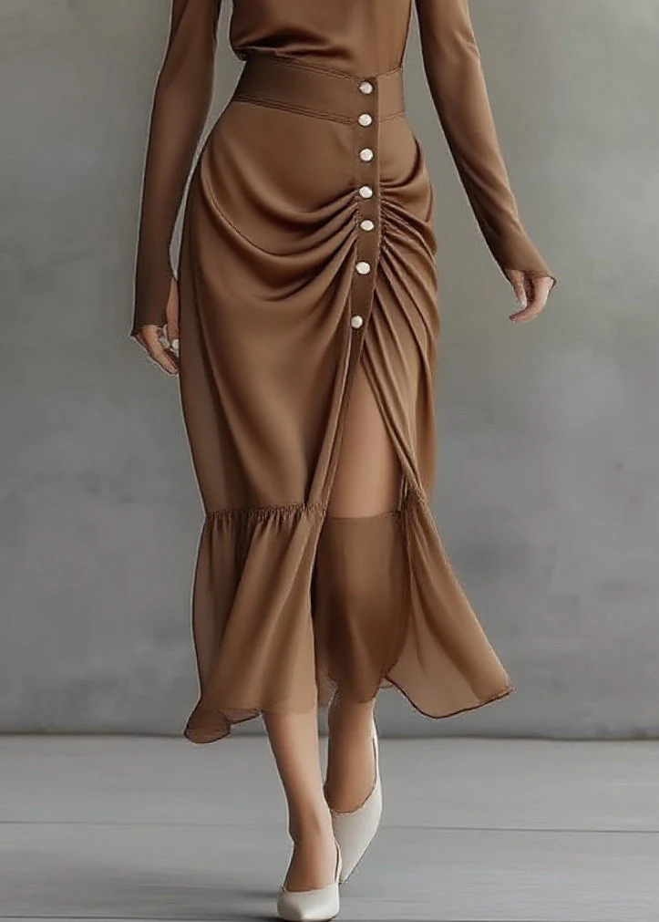 Italian Brown Top And Skirts Chiffon Two Pieces Set Spring - Image 4
