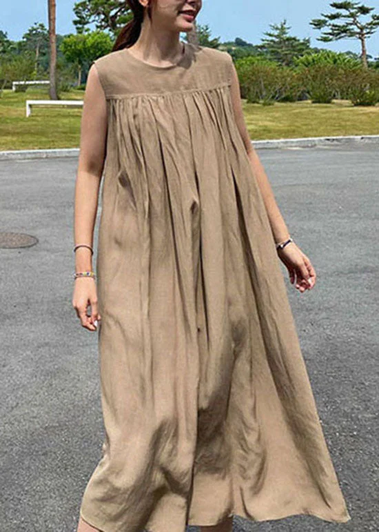 Italian Camel O Neck Wrinkled Patchwork Linen Maternity Dress Sleeveless - Image 2