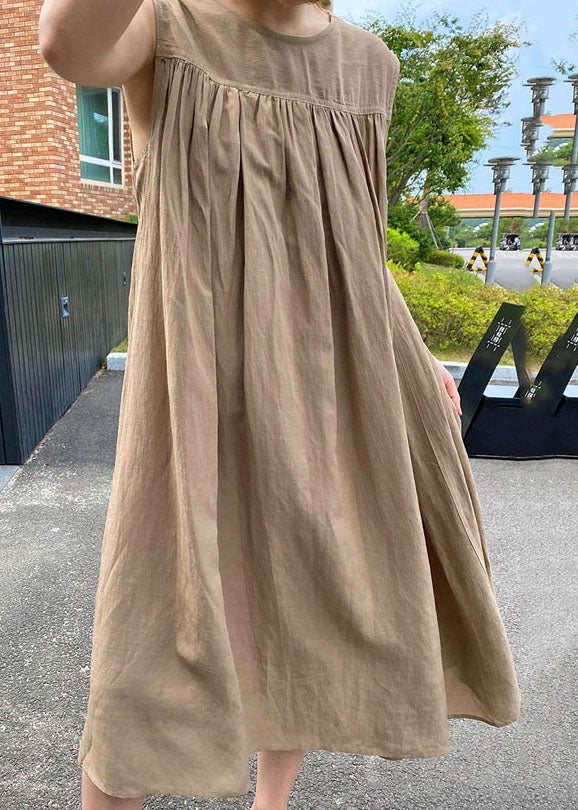Italian Camel O Neck Wrinkled Patchwork Linen Maternity Dress Sleeveless - Image 3