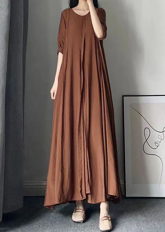 Italian Caramel O Neck Wrinkled Patchwork Cotton Long Dress Fall - Image 2