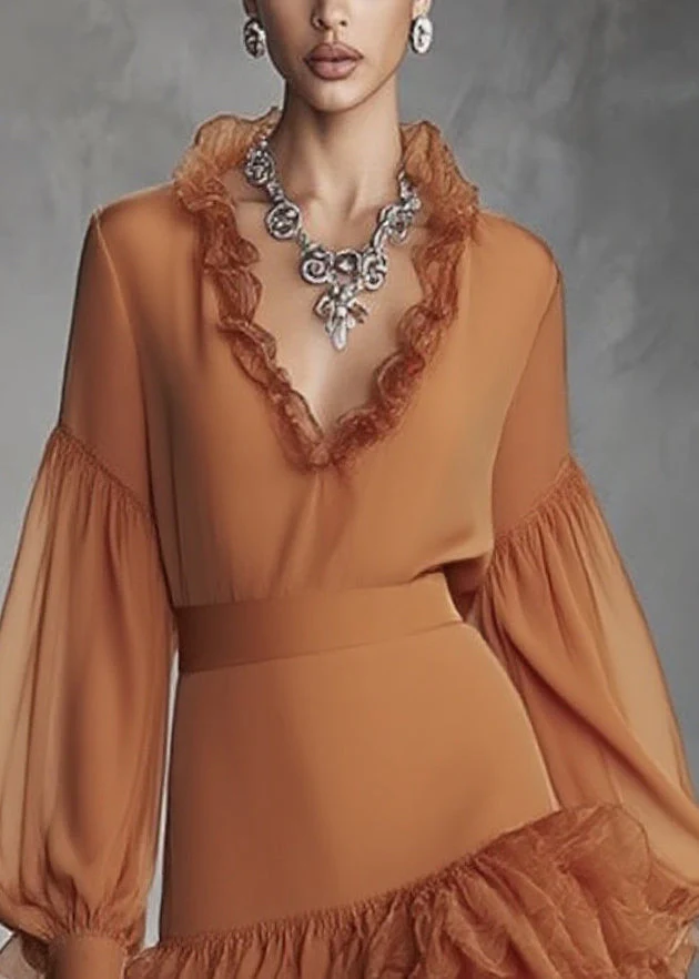 Italian Caramel Tunic Party Mid Dress V Neck Patchwork Lantern Sleeve - Image 2
