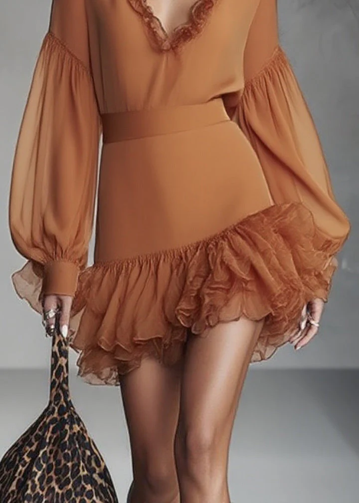 Italian Caramel Tunic Party Mid Dress V Neck Patchwork Lantern Sleeve - Image 4