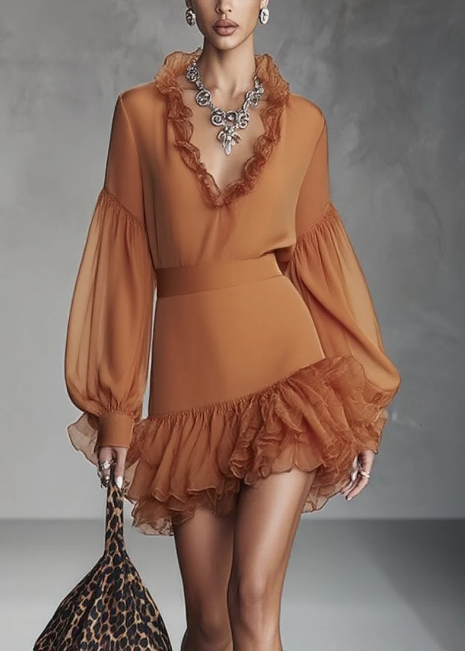 Italian Caramel Tunic Party Mid Dress V Neck Patchwork Lantern Sleeve - Image 5
