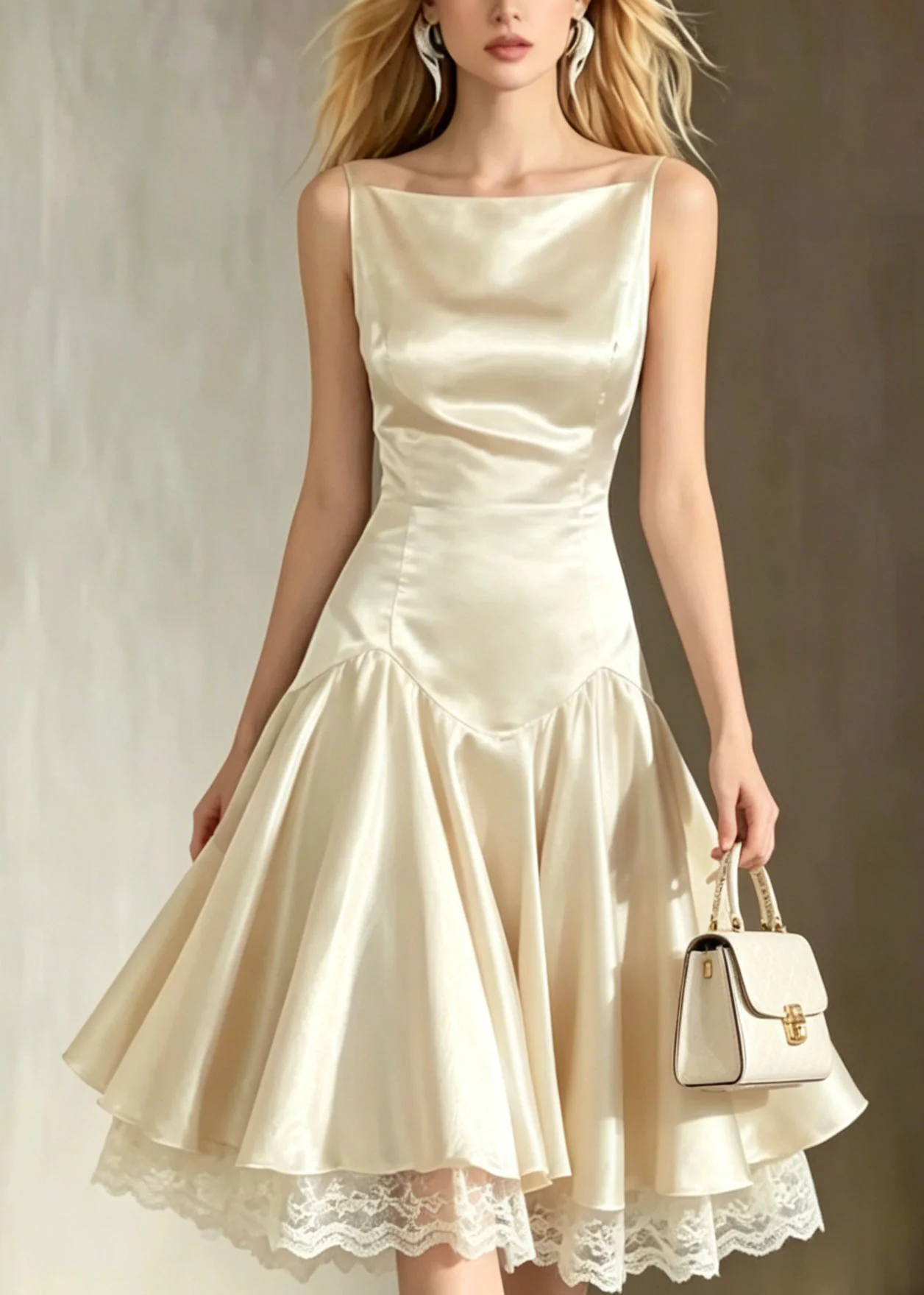 Italian Champagne Lace Patchwork Silk Spaghetti Strap Dress Summer - Image 2