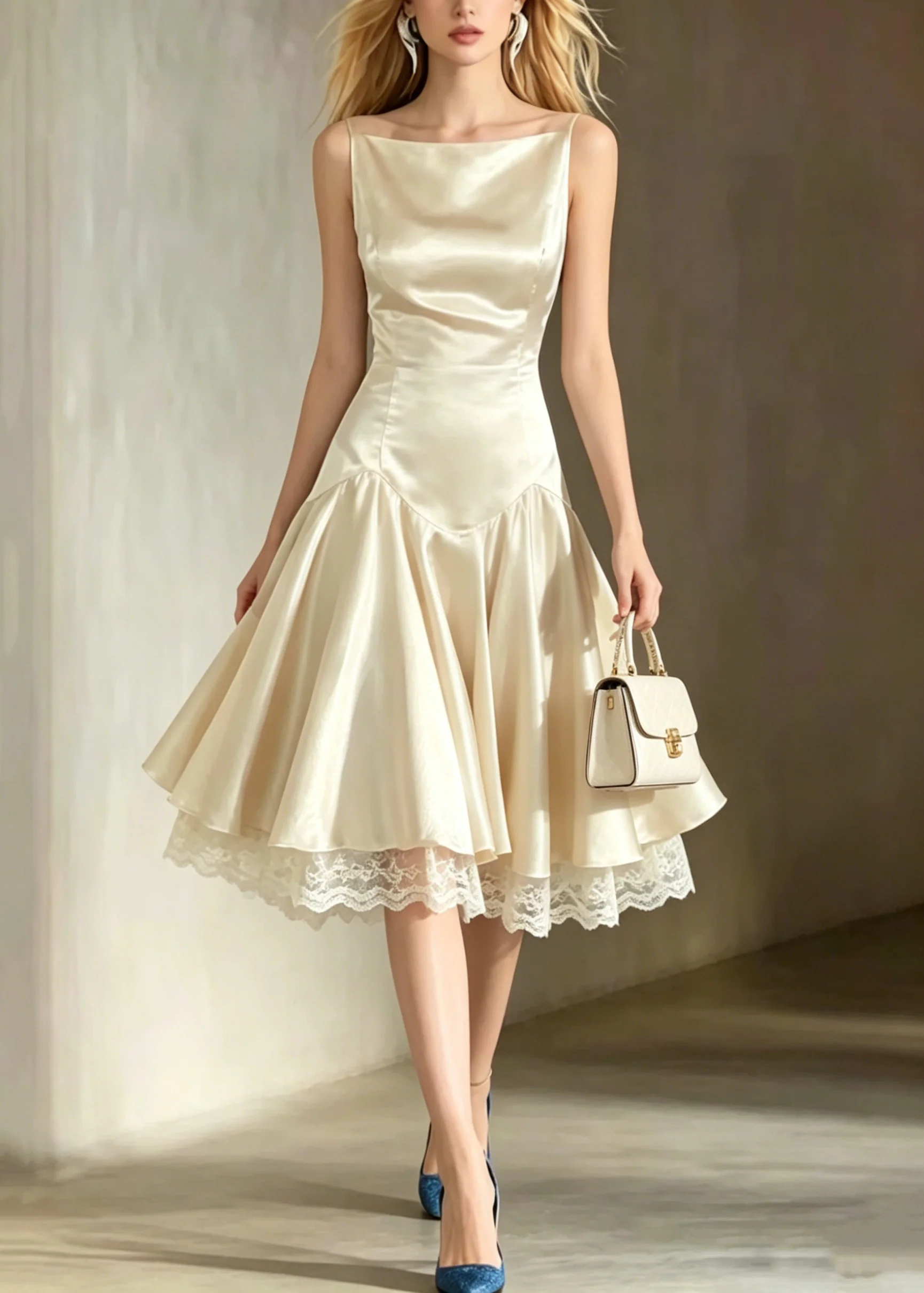 Italian Champagne Lace Patchwork Silk Spaghetti Strap Dress Summer - Image 5