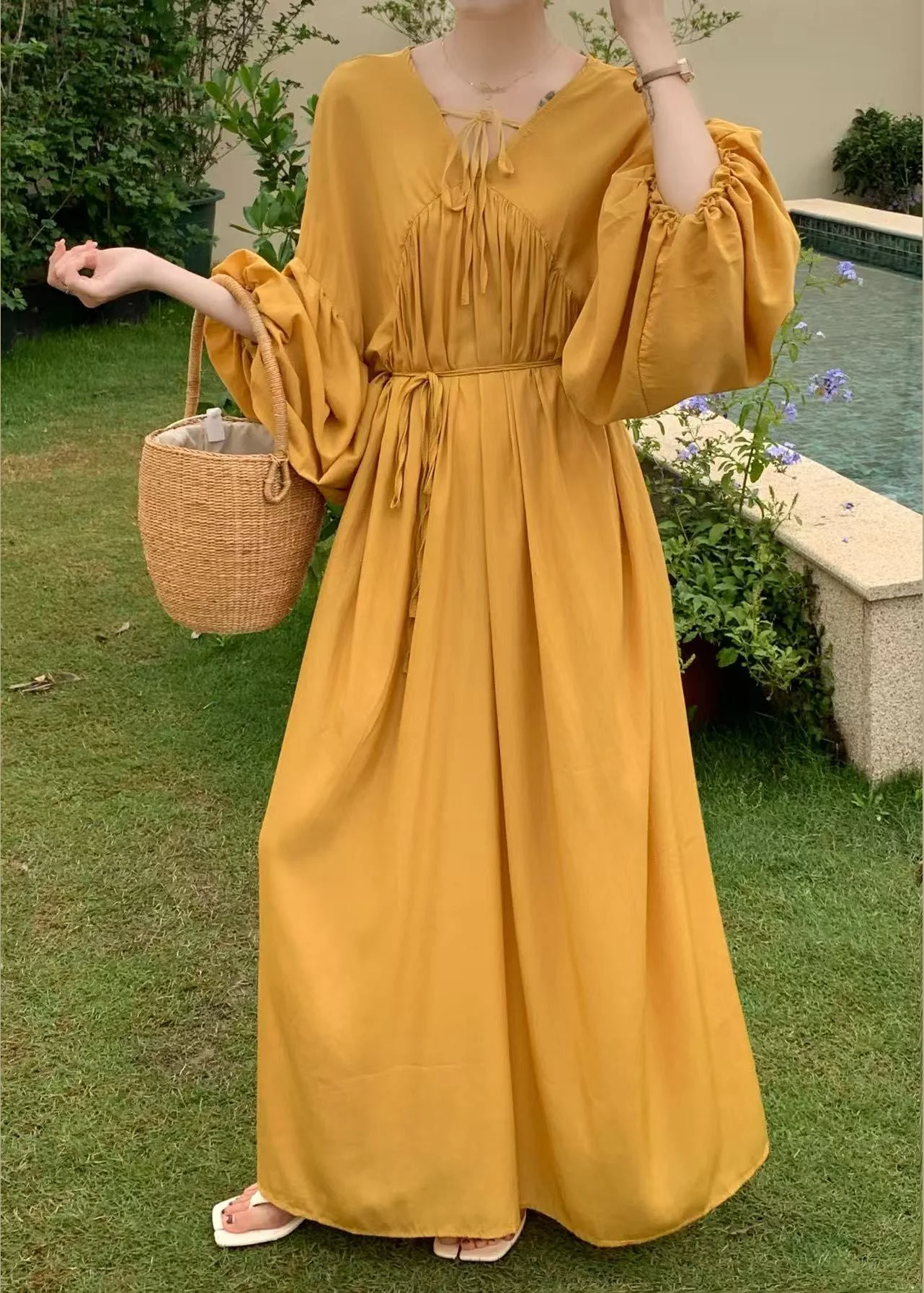 Italian Chocolate Oversized Lace Up Cotton Vacation Dresses Lantern Sleeve - Image 2