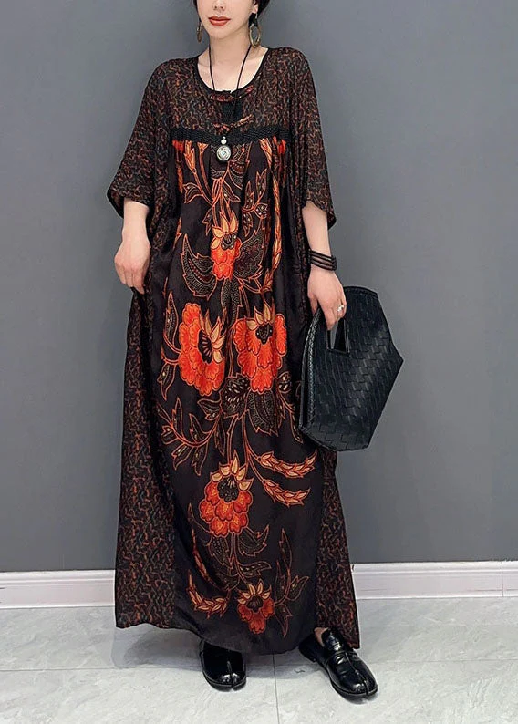 Italian Chocolate Oversized Patchwork Print Silk Maxi Dresses Summer - Image 2