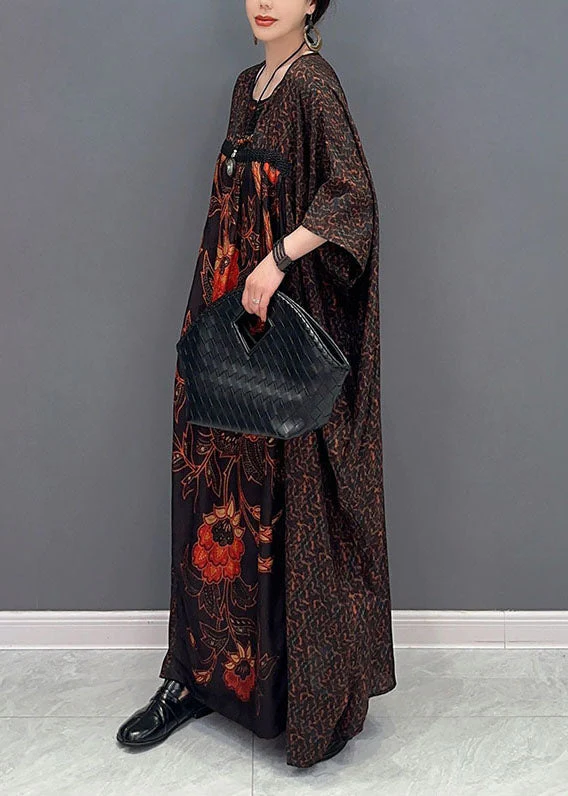 Italian Chocolate Oversized Patchwork Print Silk Maxi Dresses Summer - Image 3