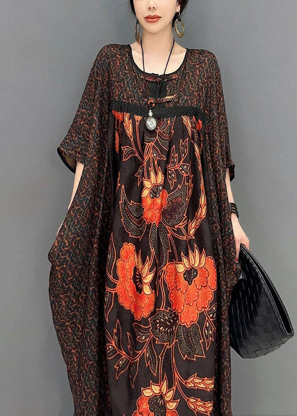Italian Chocolate Oversized Patchwork Print Silk Maxi Dresses Summer - Image 5