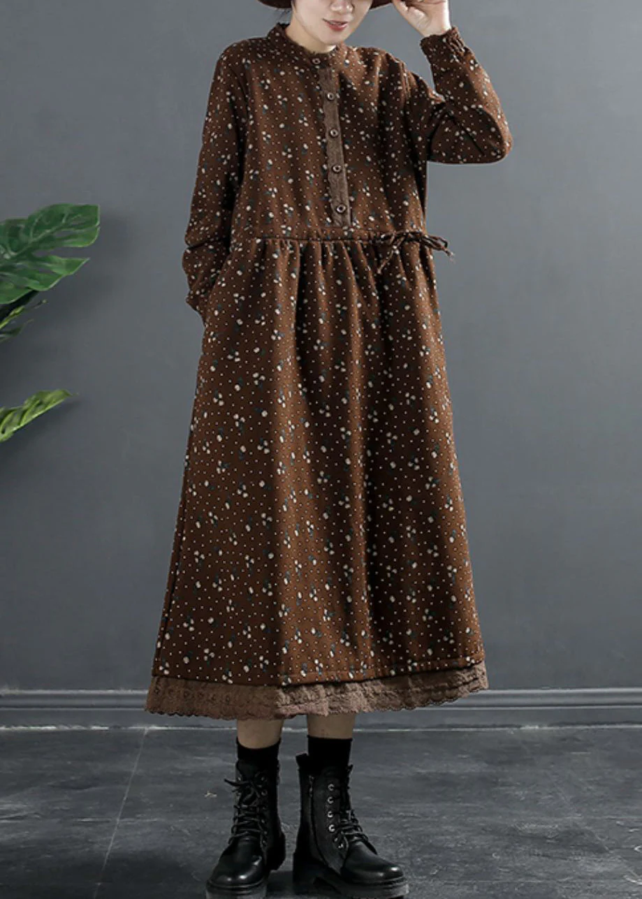 Italian Coffee Button Pockets Fleece Dress Winter - Image 3
