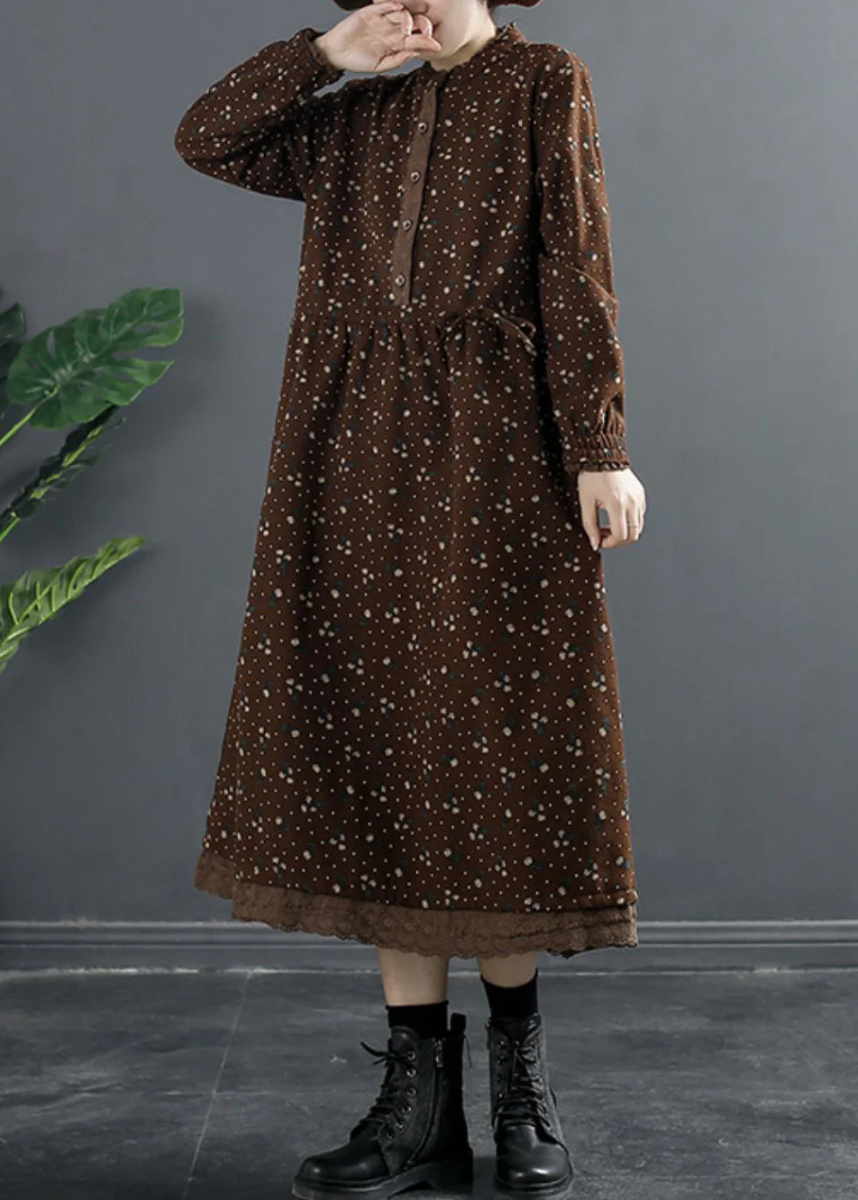 Italian Coffee Button Pockets Fleece Dress Winter - Image 4
