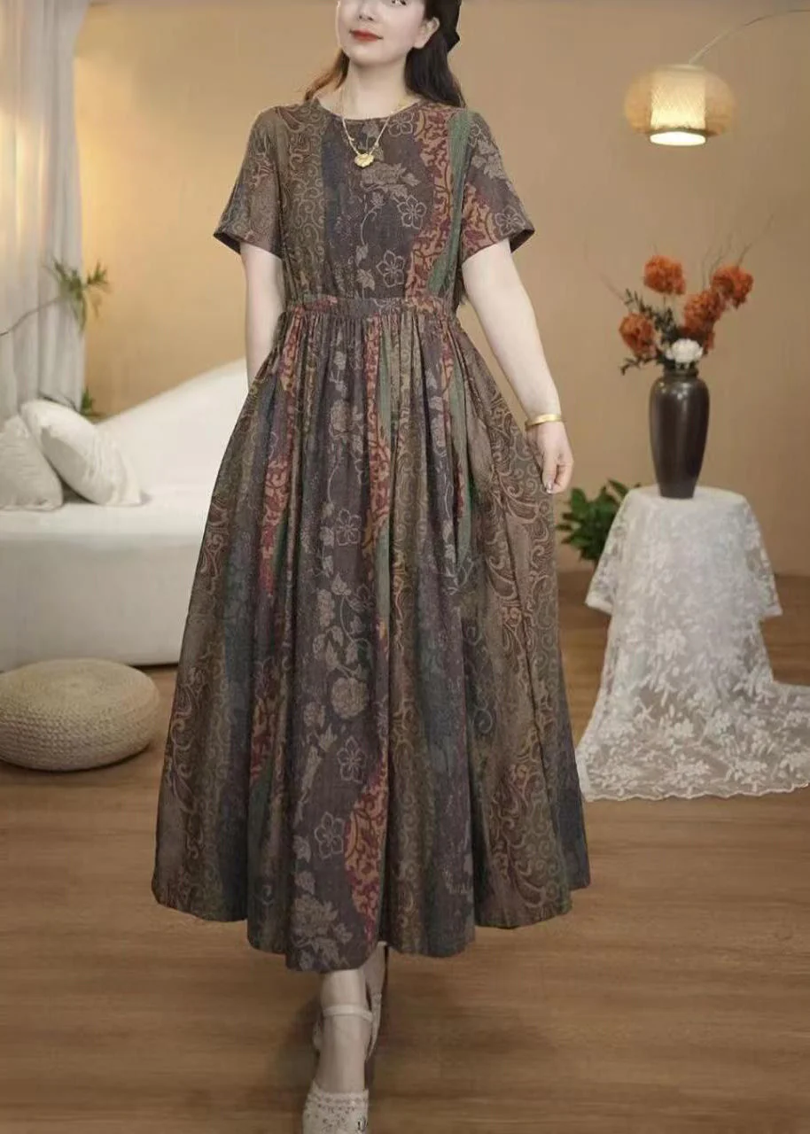 Italian Coffee Cinched Print Cotton Dress Summer - Image 2