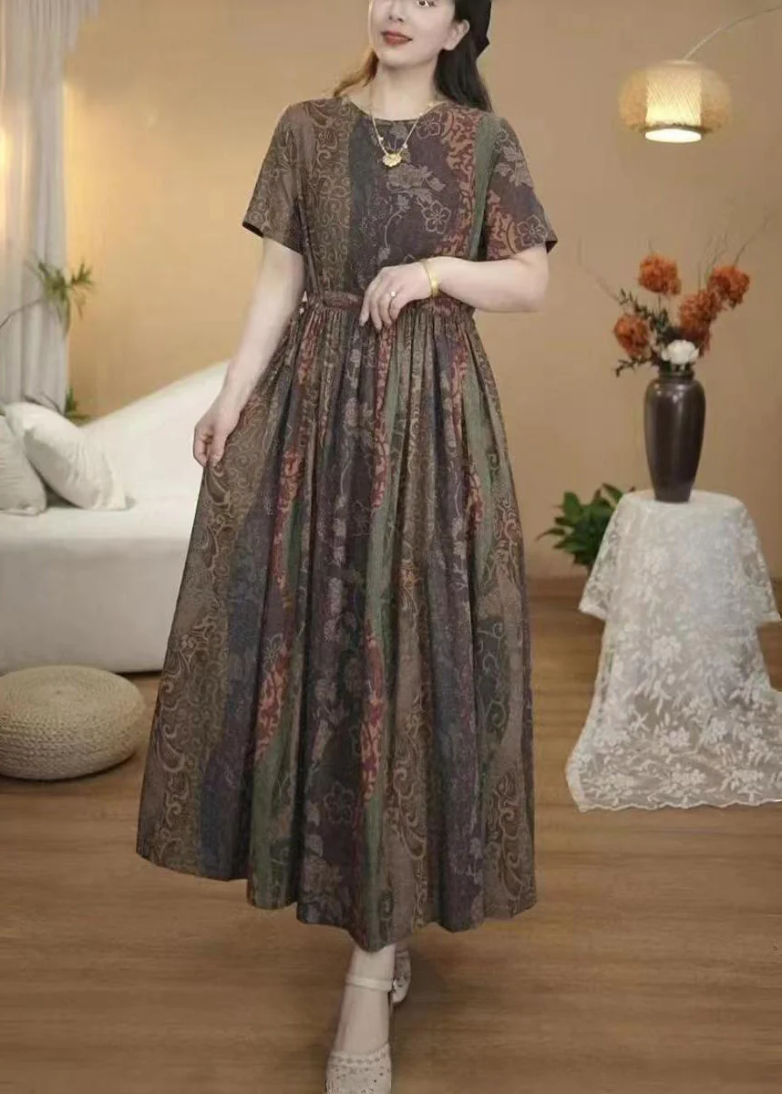 Italian Coffee Cinched Print Cotton Dress Summer - Image 3
