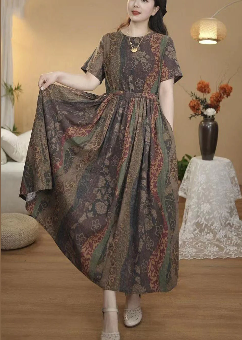 Italian Coffee Cinched Print Cotton Dress Summer - Image 4