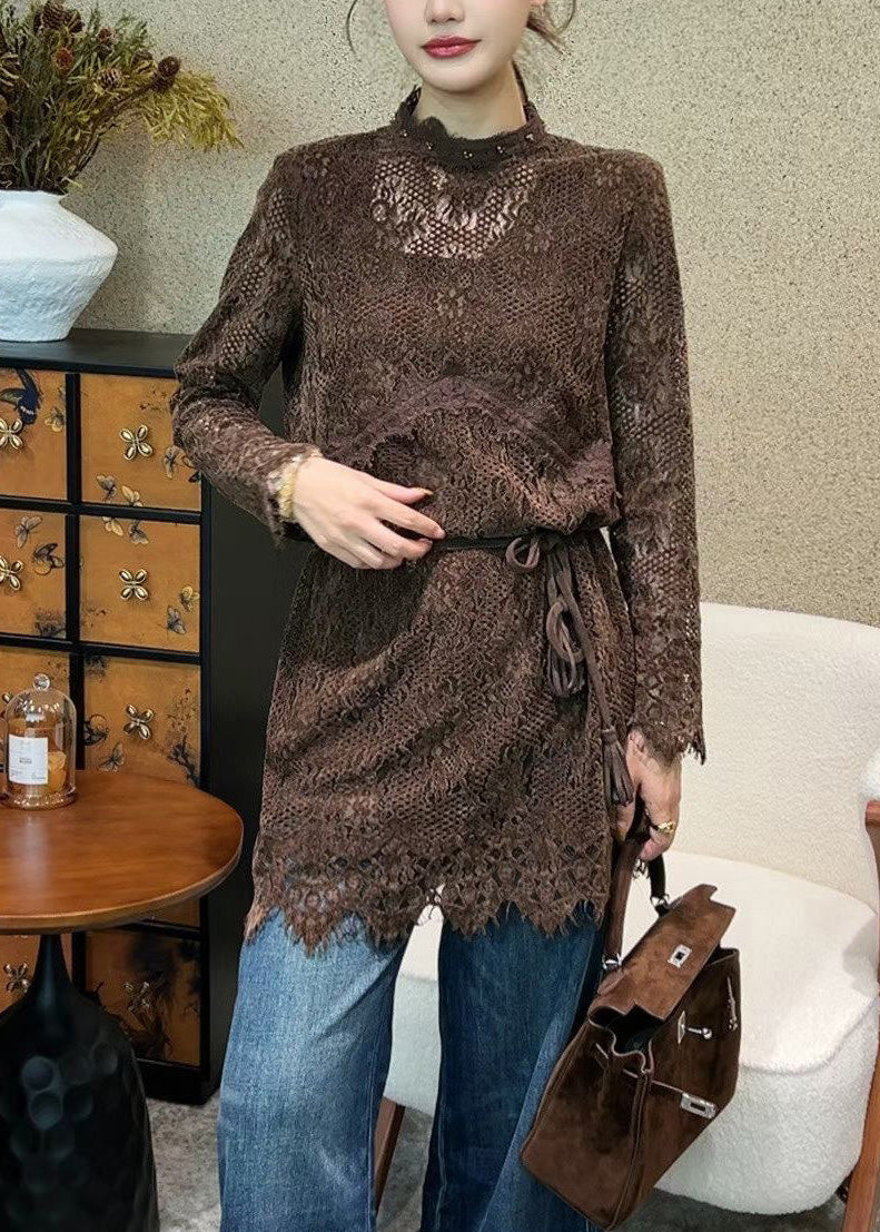 Italian Coffee Hollow Out Tie Waist Lace Mini Dress Fall - Image 2