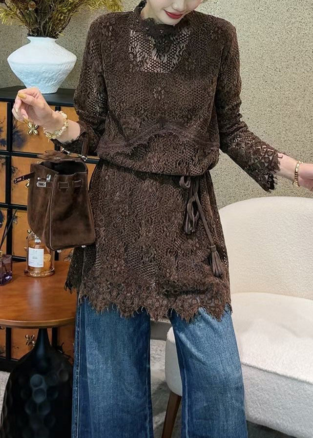 Italian Coffee Hollow Out Tie Waist Lace Mini Dress Fall - Image 3