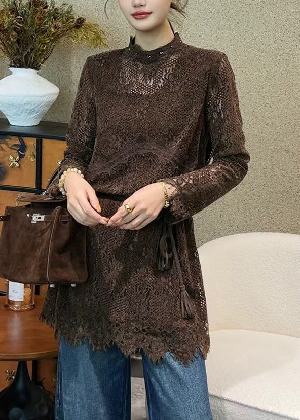 Italian Coffee Hollow Out Tie Waist Lace Mini Dress Fall - Image 4