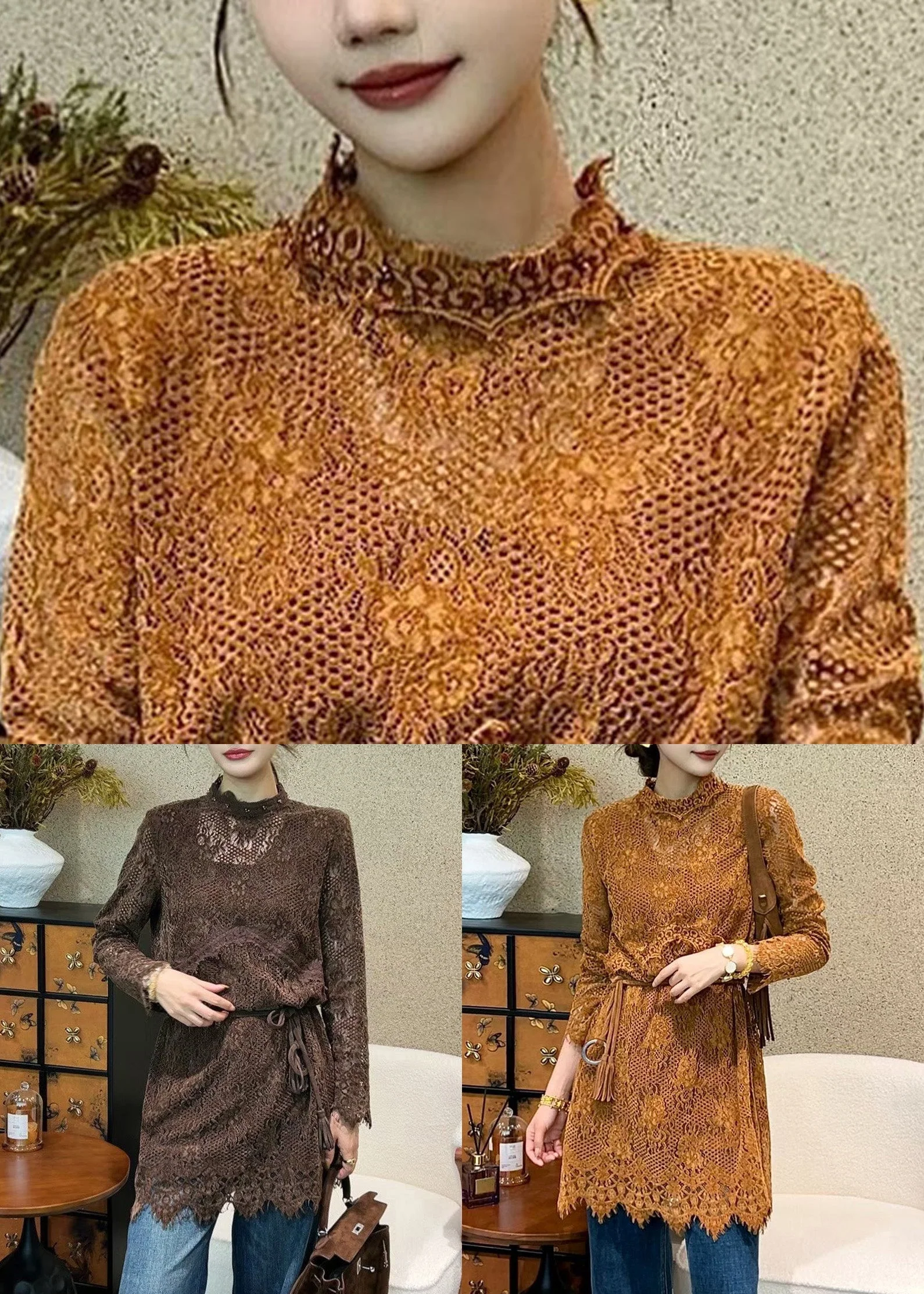 Italian Coffee Hollow Out Tie Waist Lace Mini Dress Fall - Image 5