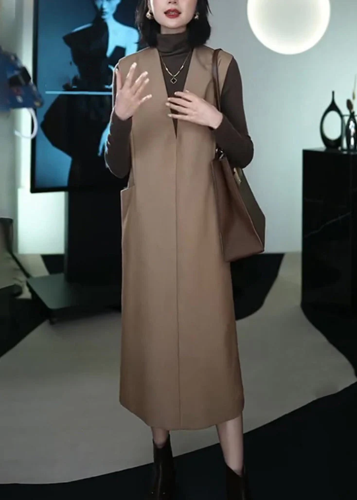 Italian Coffee Patchwork Warm Fleece Long Waistcoat And Dress Two Piece Set Winter - Image 2