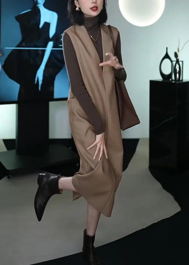 Italian Coffee Patchwork Warm Fleece Long Waistcoat And Dress Two Piece Set Winter - Image 3