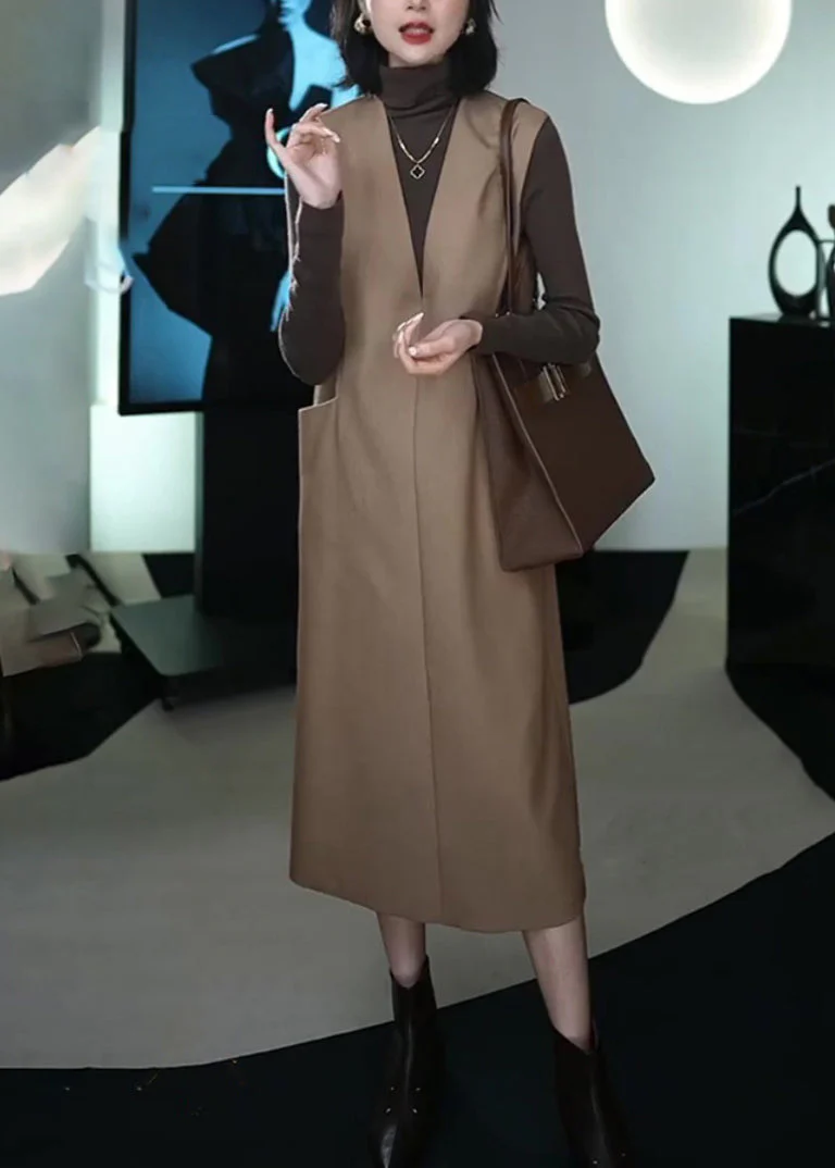 Italian Coffee Patchwork Warm Fleece Long Waistcoat And Dress Two Piece Set Winter - Image 4