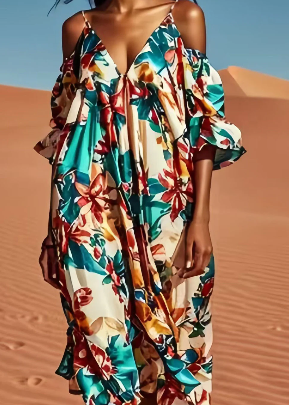 Italian Cold Shoulder Print Silk Spaghetti Strap Dress Summer - Image 4