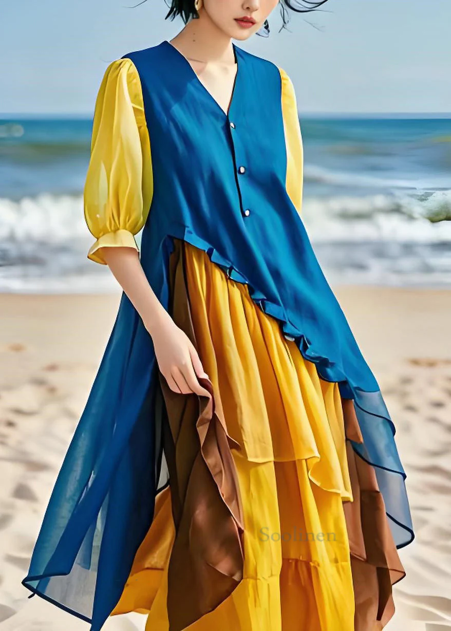 Italian Colorblock Asymmetrical Chiffon Patchwork Cotton Dresses Spring - Image 2