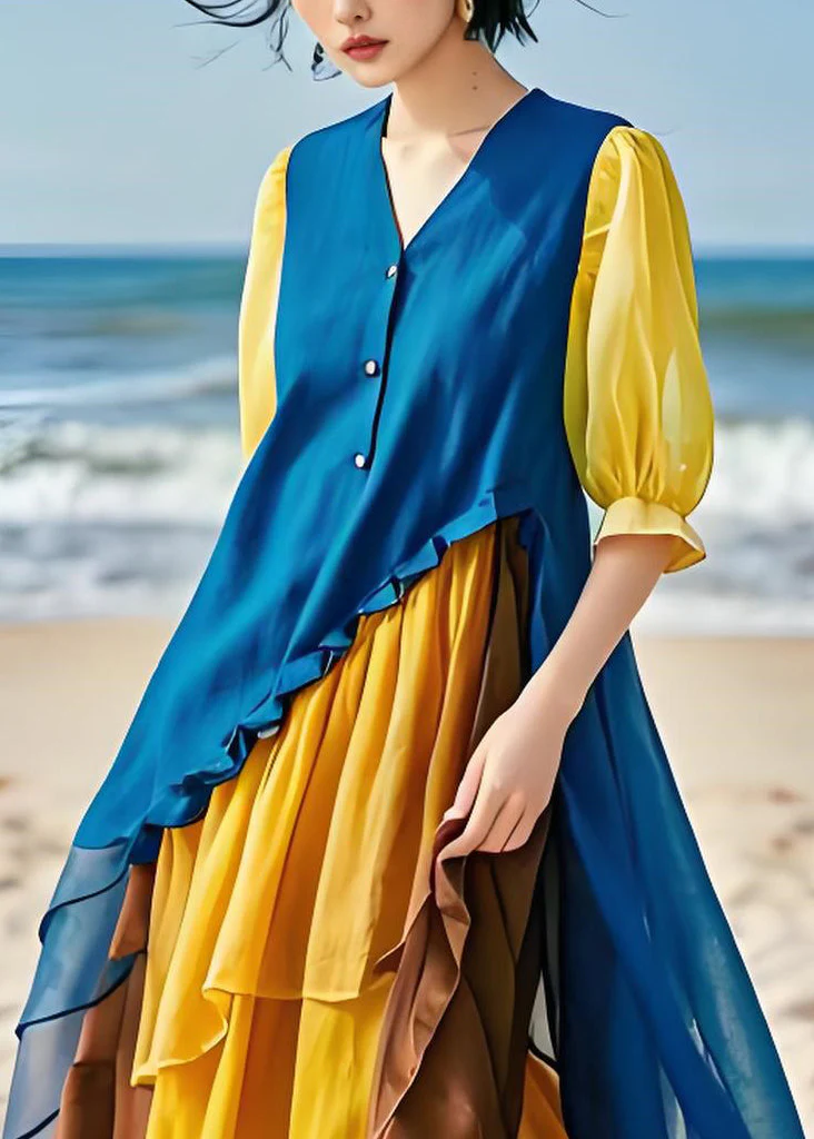 Italian Colorblock Asymmetrical Chiffon Patchwork Cotton Dresses Spring - Image 3