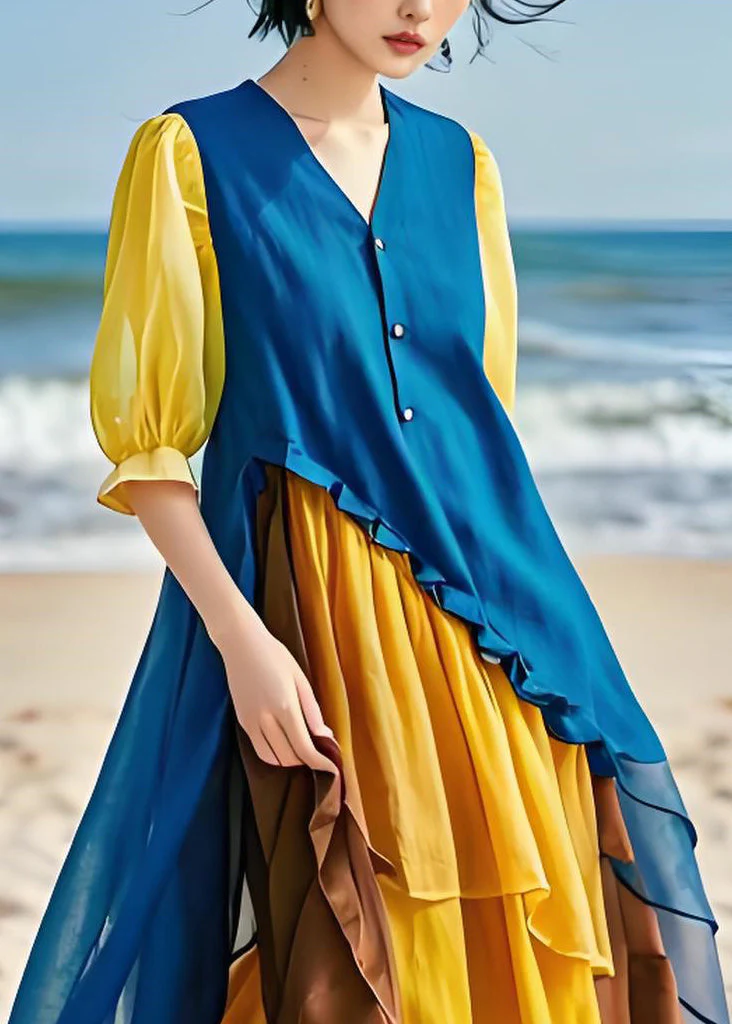 Italian Colorblock Asymmetrical Chiffon Patchwork Cotton Dresses Spring - Image 4