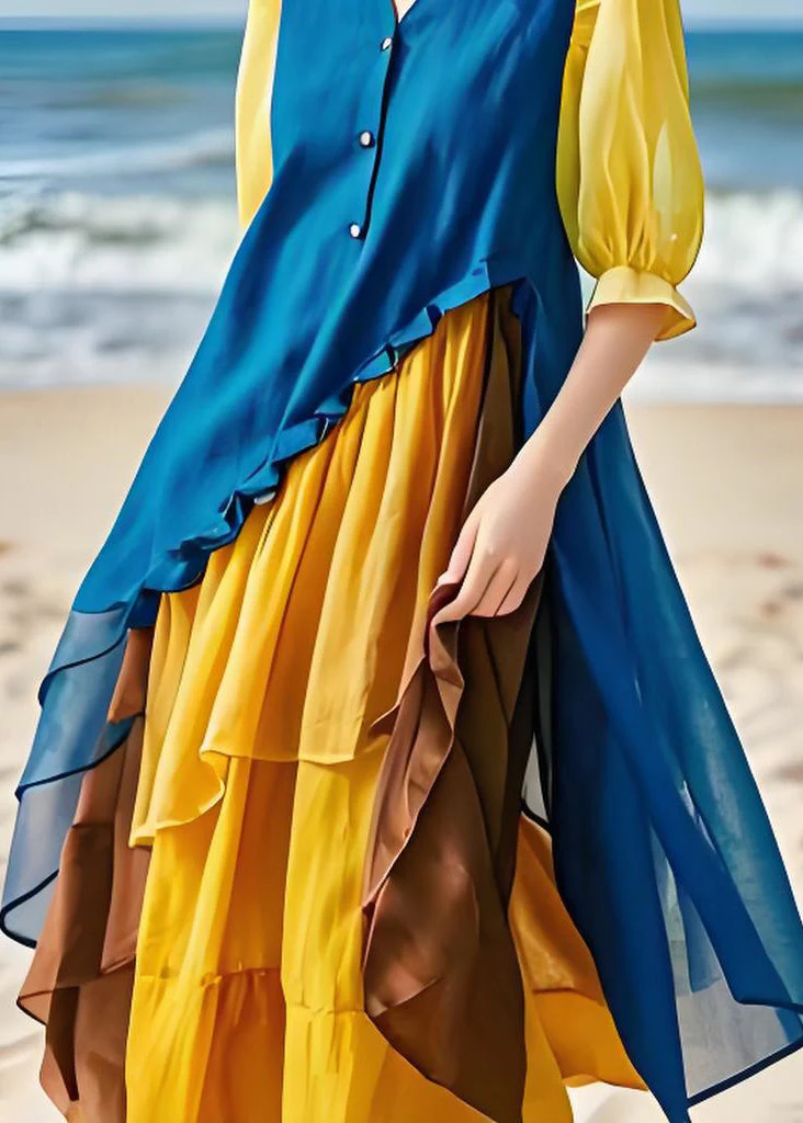 Italian Colorblock Asymmetrical Chiffon Patchwork Cotton Dresses Spring - Image 5