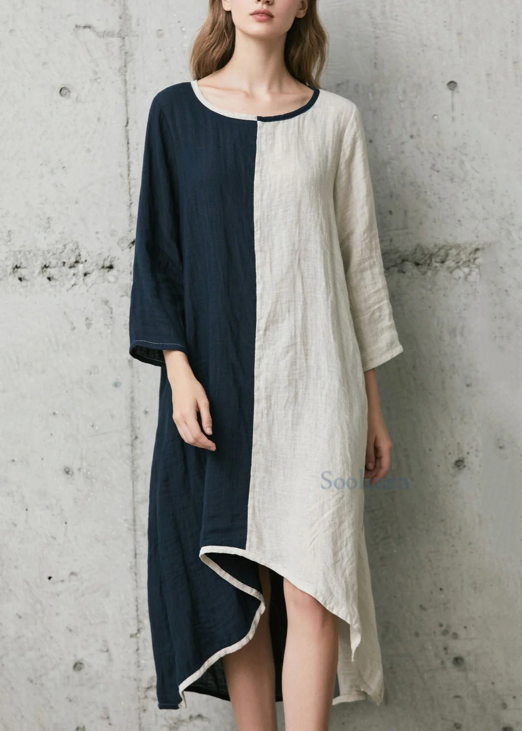 Italian Colorblock Asymmetrical Low High Design Cotton Robe Dresses Bracelet Sleeve - Image 3