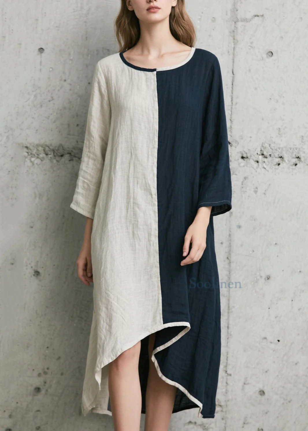 Italian Colorblock Asymmetrical Low High Design Cotton Robe Dresses Bracelet Sleeve - Image 5