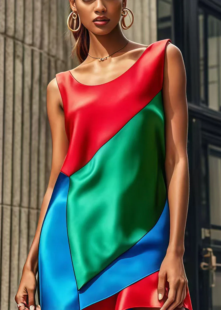 Italian Colorblock Asymmetrical Patchwork Silk Robe Dresses Summer - Image 2