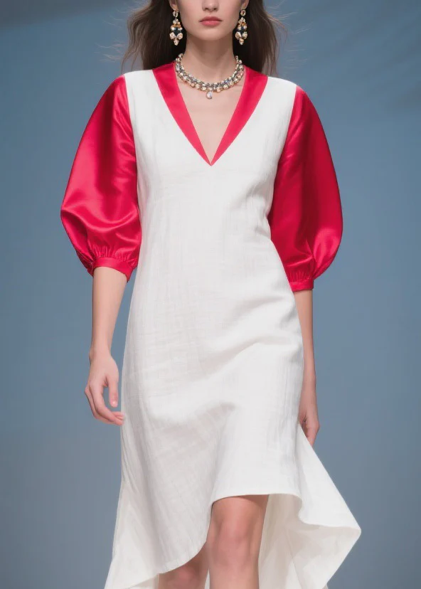 Italian Colorblock Asymmetrical Silk Patchwork Cotton Dress Summer - Image 2