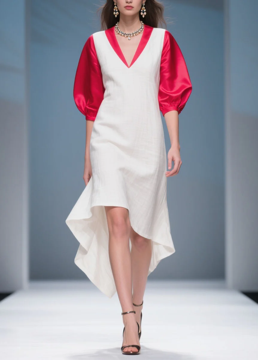 Italian Colorblock Asymmetrical Silk Patchwork Cotton Dress Summer - Image 3