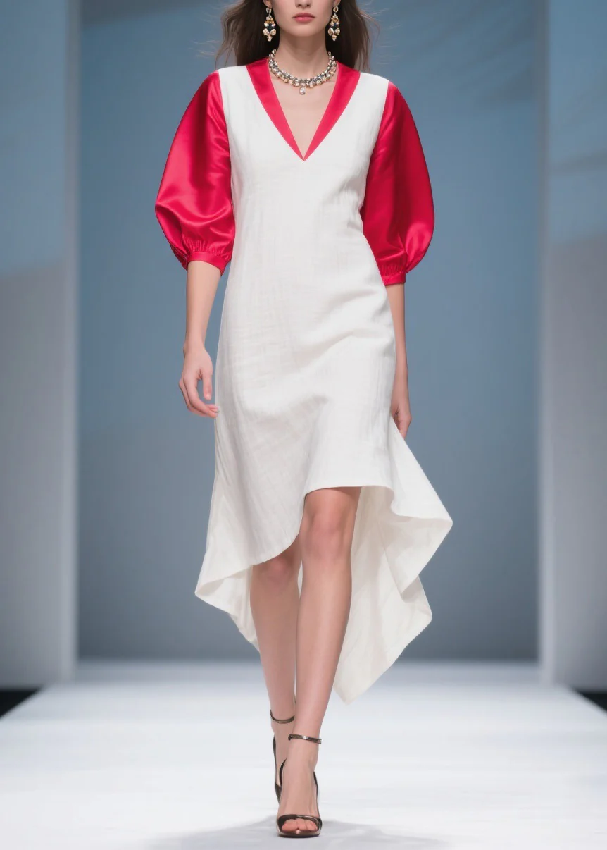 Italian Colorblock Asymmetrical Silk Patchwork Cotton Dress Summer - Image 5