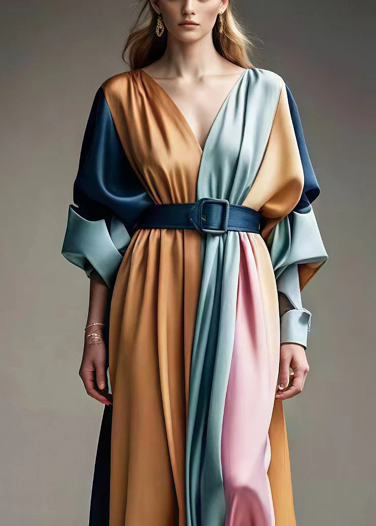 Italian Colorblock Cinched Patchwork Exra Large Hem Silk Maxi Dresses Spring - Image 2