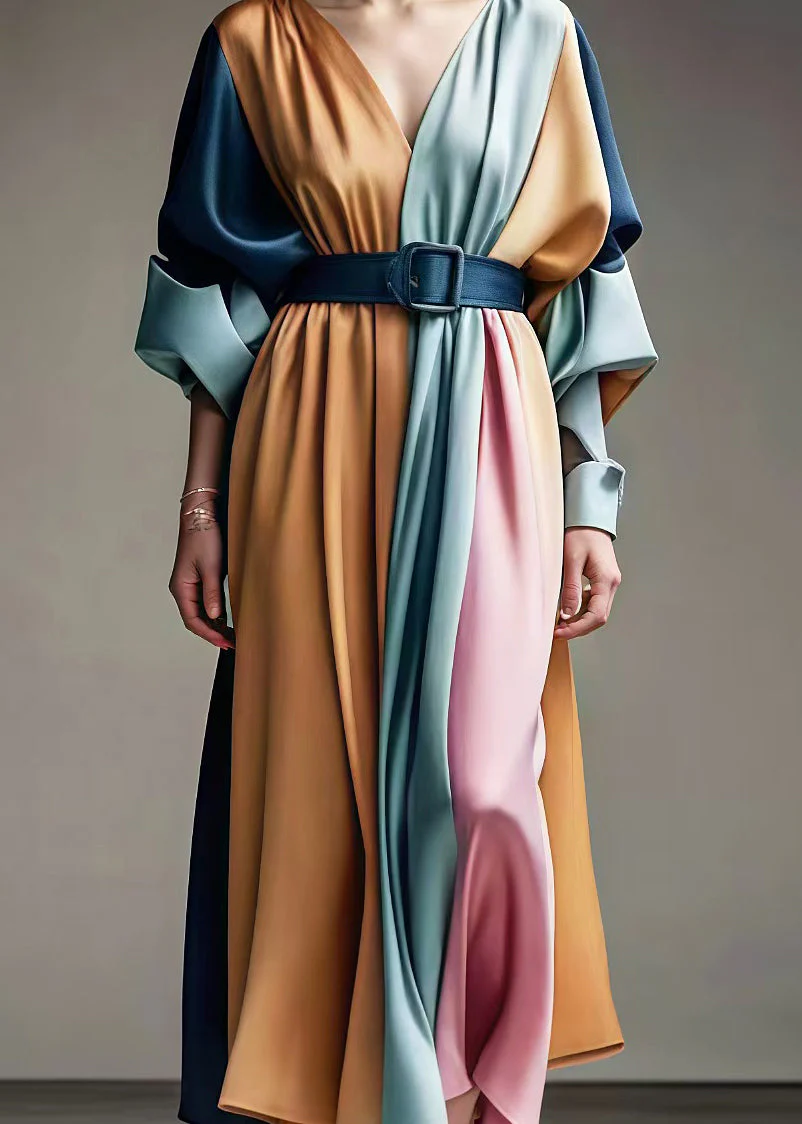 Italian Colorblock Cinched Patchwork Exra Large Hem Silk Maxi Dresses Spring - Image 3