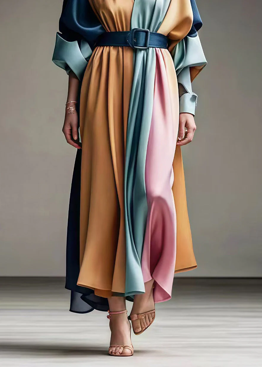 Italian Colorblock Cinched Patchwork Exra Large Hem Silk Maxi Dresses Spring - Image 4