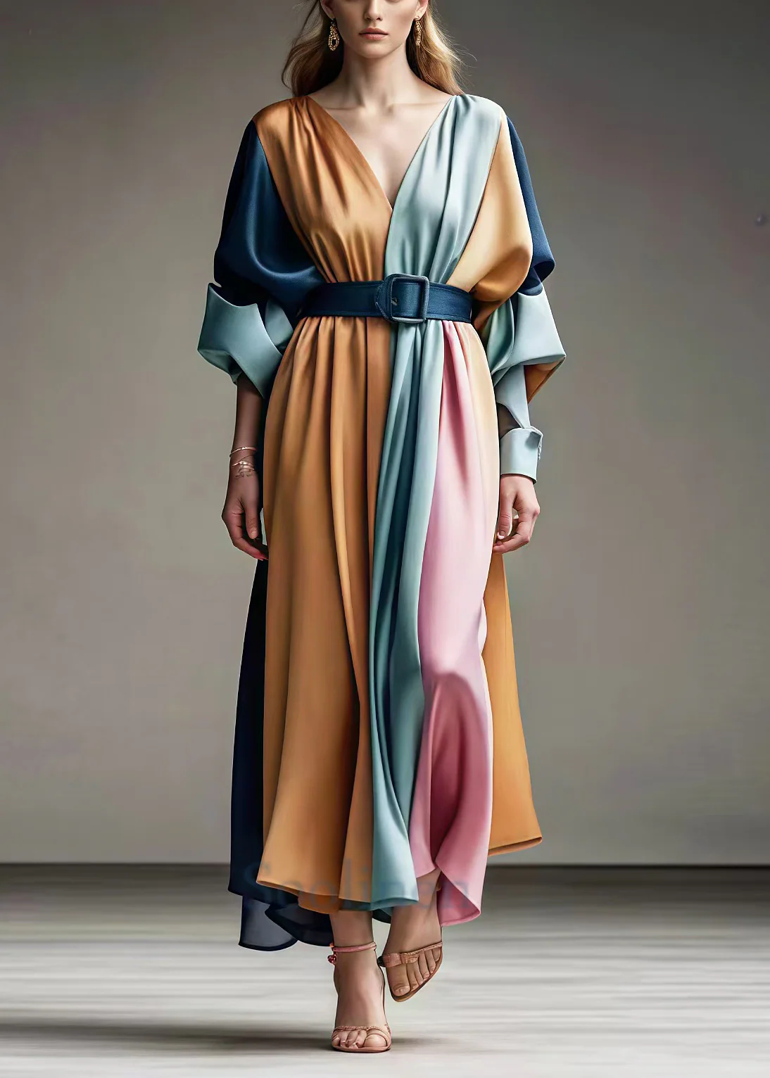 Italian Colorblock Cinched Patchwork Exra Large Hem Silk Maxi Dresses Spring - Image 5